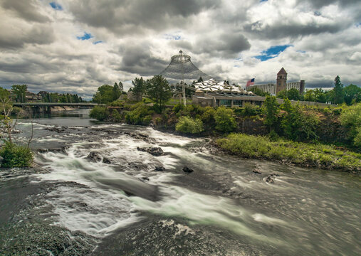 Spokane Riverpark Pavilion With River And Clouds