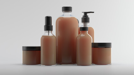3d render of beauty bottles. Cosmetic bottle 3d background. Set of body care flasks with abstract liquid on white reflective background.....