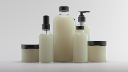 3d render of beauty bottles. Cosmetic bottle 3d background. Set of body care flasks with abstract liquid on white reflective background.....