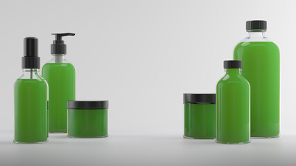 3d render of beauty bottles. Cosmetic bottle 3d background. Set of body care flasks with abstract liquid on white reflective background.....