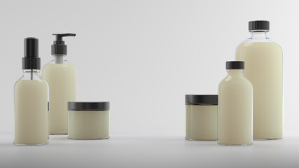 3d render of beauty bottles. Cosmetic bottle 3d background. Set of body care flasks with abstract liquid on white reflective background.....