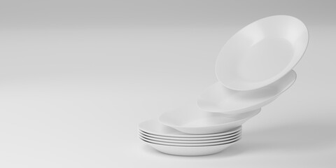 White plates falling isolated on white background. Set of empty ceramic dish. Stacked kitchen tableware. 3D rendering