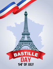 Happy Bastille Day, 14th of July, holiday greeting card in colors of the national flag of France with Eiffel tower and lettering. Vector illustration.