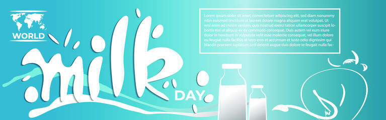 Obraz premium VECTOR ILLUSTRATION FOR WORLD MILK DAY, FRESH MILK BOTTLES, WORLD MAP, WORLD DAY MILK LETTERING , DESIGNER CALLIGRAPHY TEXT WITH COW