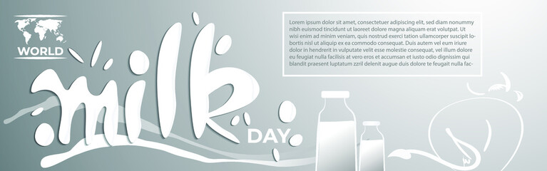 VECTOR ILLUSTRATION FOR WORLD MILK DAY, FRESH MILK BOTTLES, WORLD MAP, WORLD DAY MILK LETTERING , DESIGNER CALLIGRAPHY TEXT WITH COW