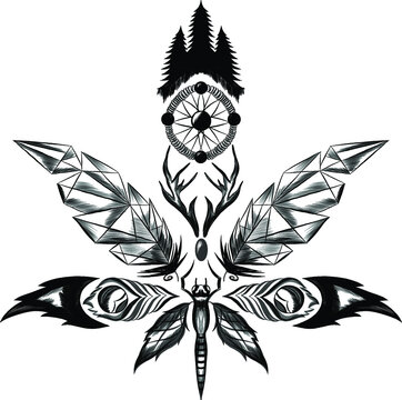 stylized hemp black and white sketch tattoo vector illustration
