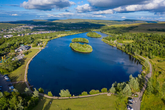 Aerial view of Bryn Bach Park near the town of Tredegar in the South Wales Valleys, UK