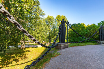 Suomenlinna church and lighthouse canons and anchor chain fence near Helsinki, Finland