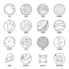 Thin line icons of planets. Modern flat line design element vector collection logo illustration concept.