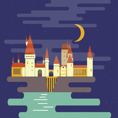 Cartoon castle isolated vector illustration. School in moonlight. Modern flat style.