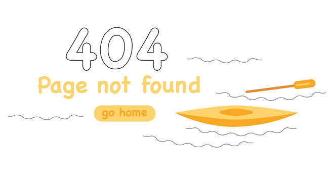 404 system error in doodle style. Page not found. Banner or website template. Lost paddle, missing floating boat. Broken page. Support service. Technical fatal problem.Go home because of disconnection