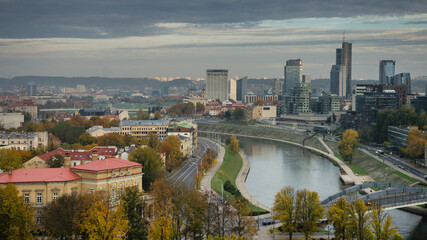 Fototapeta na wymiar Cloudy morning view of Vilnius in autumn, capital of Lithuania, as seen from Gediminas Hill.