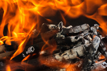 Fire. bright burning firewood close-up