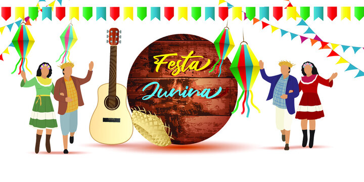 vector illustration foe Festa Junina, Brazil june festival  with party flags on wooden texture background-paper cut effect 
