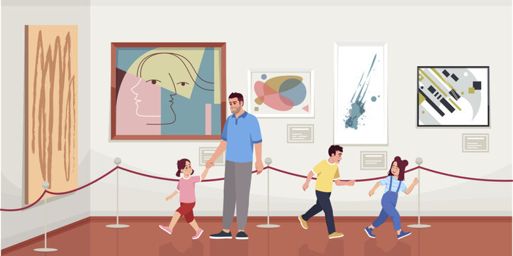 Father with children in modern art gallery semi flat vector illustration. Contemporary paintings collection. Kids watching and playing in art museum 2D cartoon characters for commercial use