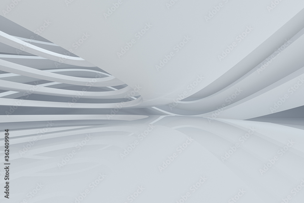 Poster white curve geometry with empty ground, 3d rendering.