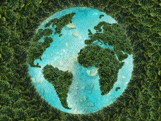 Planet earth on a green background. Green continents made from the crown of a tree. Clear azure...