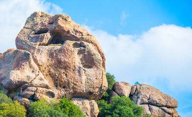 majestic jagged rock peaks on a hillside in the Santa Monica Mountains near Malibu, California on a...