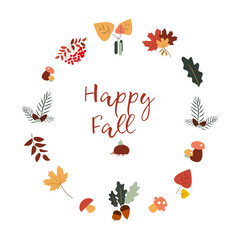 Vector autumn wreath with falling leaves, apple, rowan, fall floral elements and hand written quote Happy Fall. 