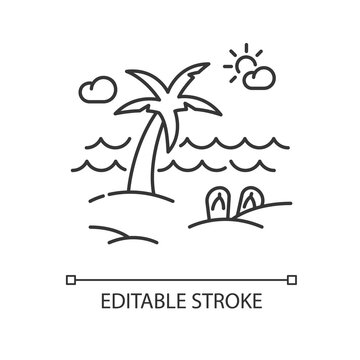 Seaside resort pixel perfect linear icon. Summer vacation, tropical tourism, paradise island thin line customizable illustration. Contour symbol. Vector isolated outline drawing. Editable stroke