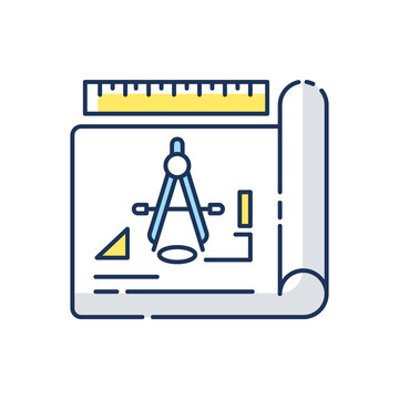 recommend clip art: Drafting RGB color icon. Architectural planning, project development. Equipment for mechanical drawing. Blueprint with schematics. Isolated vector illustration