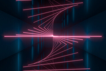 Glowing lines in the dark tunnel, 3d rendering.