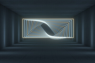 Glowing rectangle lines in the dark tunnel, 3d rendering.