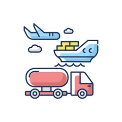 Shipping RGB color icon. Freight transportation, delivery service. Commercial shipment, production distribution by sea, land and air. Isolated vector illustration