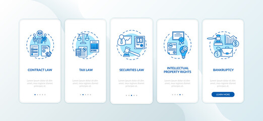 Attorney competencies onboarding mobile app page screen with concepts. Legal consulting service. Walkthrough 5 steps graphic instructions. UI vector template with RGB color illustrations