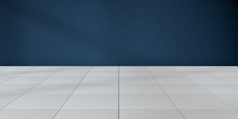 White cubic floor with blue wall background, 3d rendering.