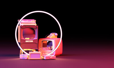 old television in pink colour and old stuff writer radio scooter bicycle in colorful pastel with circle led lighting on black background 3d rendering