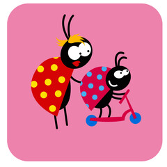 life of insects. mother beetle with her kid on a scooter. vector drawing for Illustration.