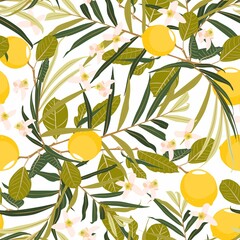 Seamless citrus pattern with palm leves. Hand drawn illustration with lemons. Template for print, textile,wallpaper cover and box design.
