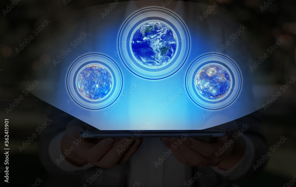 Poster digital image of distant solar system showing global technology networks. elements of this image fur