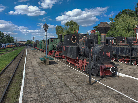 Old steam engine locomotives on narrow gauge tracks in the museum