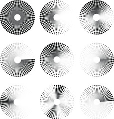 Set of black abstract halftone dotted stripes. Circle form. Design element for logo, tattoo, sign, symbol, web pages, prints, posters, template, monochrome pattern and abstract background