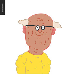 Bright characters portraits - hand drawn flat style vector design concept illustration of a smiling bald elderly man wearing glasses, face and shoulders avatar. Flat style vector icon