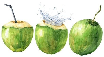 Watercolor green coconuts set isolated on white background. Hand drawn food illustration.