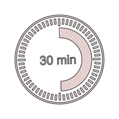 A clock icon indicating a time interval of 30 minutes. thirty minutes on the clock cartoon style on white isolated background.