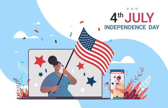 people in digital devices screens celebrating 4th of july independence day during video call online communication concept horizontal portrait vector illustration