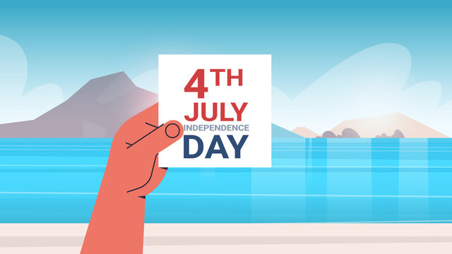 human hand holding 4th of july independence day greeting card holiday celebrating concept summer vacation tropical beach seascape background horizontal vector illustration