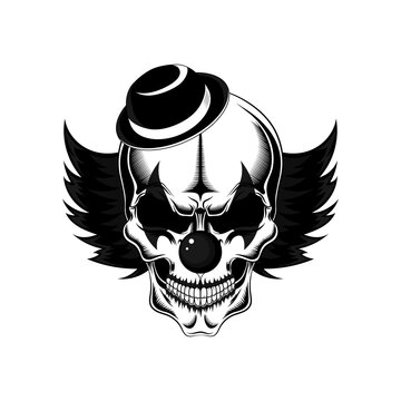 Black and white vector image of an evil clown skull in a hat.