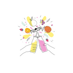 Vector illustration of juice bottles and fruit.Hand drawn doodle smoothie with juice illustration cartoon style.