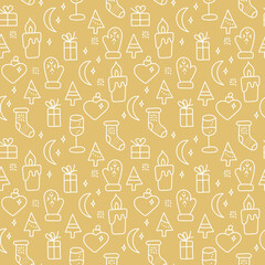 Hand drawn seamless pattern New year or Christmas theme. White Doodle elements on a gold background.