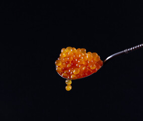 Salmon Roe in Silver Spoon on Dark Background.