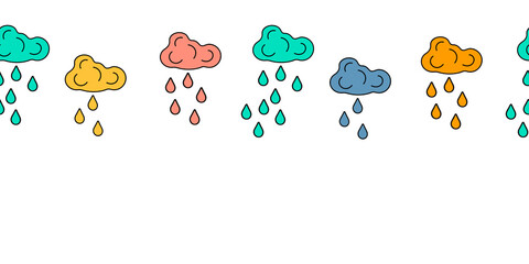 Obraz premium Colored clouds and raindrops. Vector seamless border for fabric, paper, and other surfaces. Cartoon style