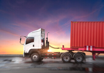 Close-up view Container truck transportation driving on the highway road at beautiful sky time.