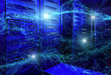 3d rendering Global network. Modern server room. Neural networks and artificial intelligence. Concept of cyberspace. Abstract technological background with binary code elements.