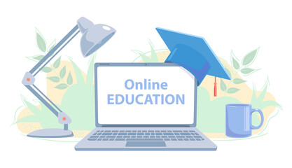 Distance education concept. E-learning banner with copy space. Online study flat vector illustration. Home school. Modern communication technology. University class Learning on white background