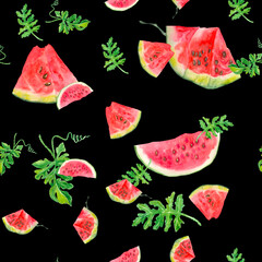 Seamless watercolor background with slices of watermelon. Slices of red watermelon with seeds